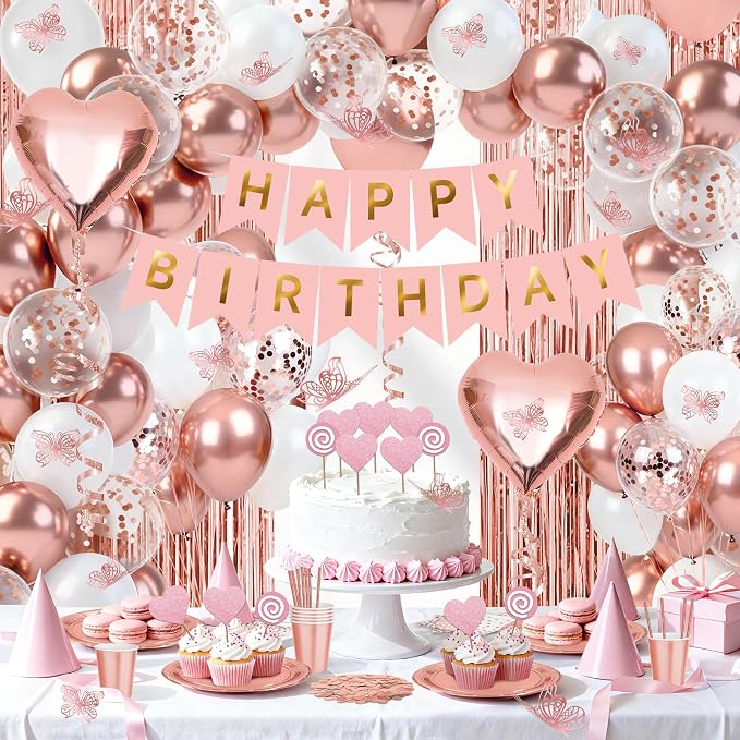 Rose Gold Butterfly Birthday Decorations Kit, All in One Pink Happy Birthday Banner Fringe Curtain Heart Foil Balloons Tableware Set, Girls Women Birthday Party Supplies Backdrop Decor