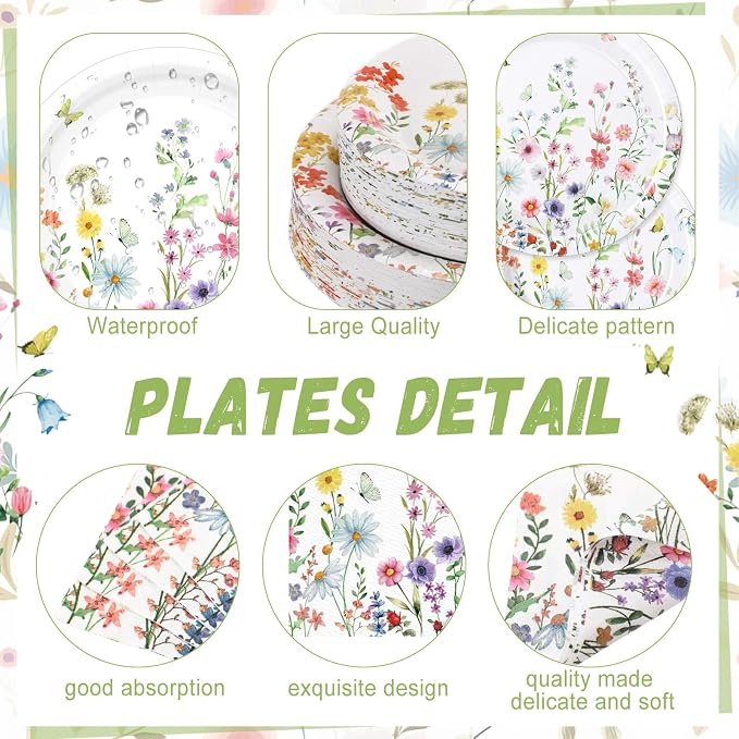 Ziliny 250 Pcs Wildflower Party Decorations Include Spring Summer Floral Paper Plates Napkins and Cups for Wildflower Baby Shower Tea Decorations, Serve 50 Guest(Vivid, Blossom Style)
