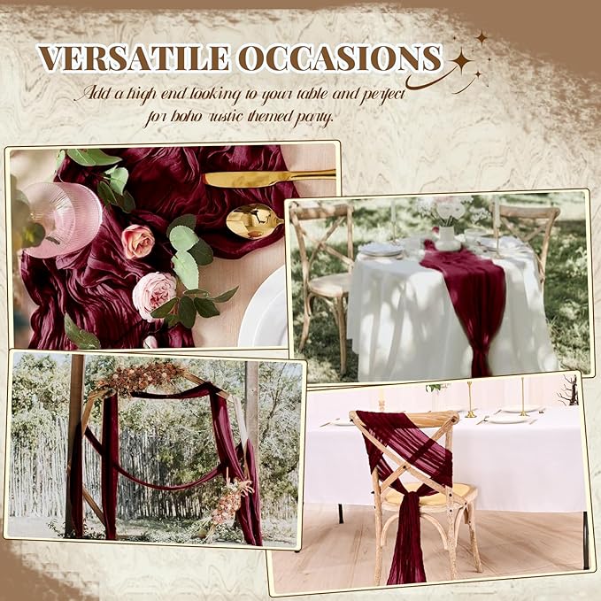 Pesonlook 12 Pack Cheesecloth Table Runner,Burgundy Table Runner Long Romantic Semi Sheer Rustic Boho Gauze Table Runners for Wedding Bridal Shower Birthday Party Decorations(17.7×108 Inch)