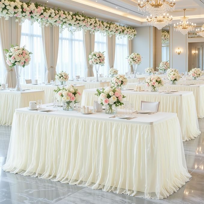 6 Pack 8ft Ivory Tulle Tablecloths for Rectangle Tables 8 Foot Ivory Rectangular Table Cloth Wrinkle Free Table Cover with Tutu Skirt for Wedding Baby Shower Birthday Party Banquet Buffet Cake