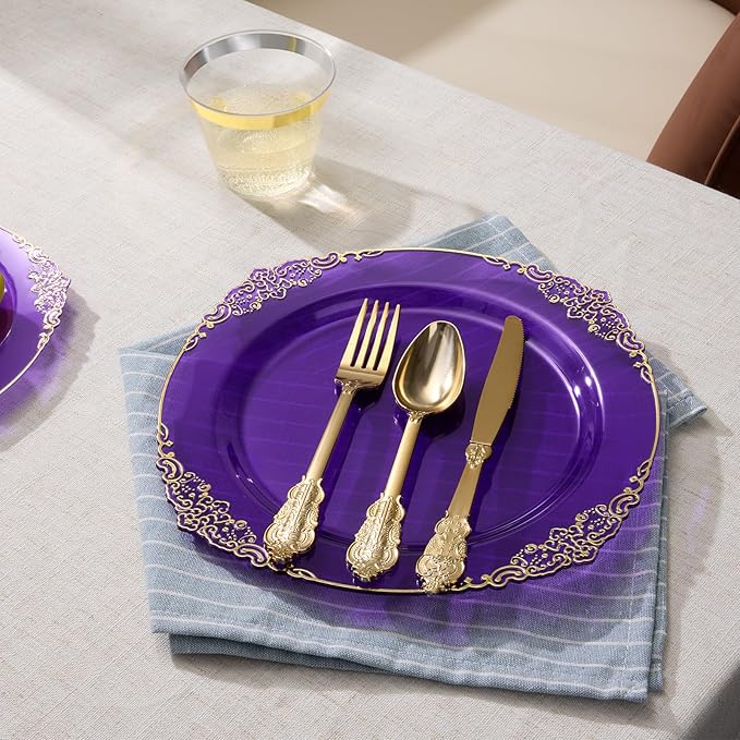 Goodluck 250 PCS Vintage Translucent Purple & Gold Rim Plastic Plates with Cutlery Set - Serves 50 - Heavy Duty Elegant Disposable Dinnerware for Sweet 16, Mardi Gras, Bridal Shower