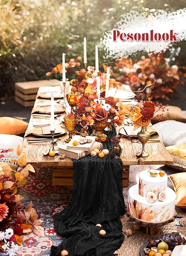 Pesonlook 12 Pack Black Cheesecloth Table Runner, 10FT Cheesecloth Rustic Boho Table Runner Long Romantic Semi Sheer Table Runner for Wedding Birthday Bridal Shower Party Decorations(21.5×120 Inch)