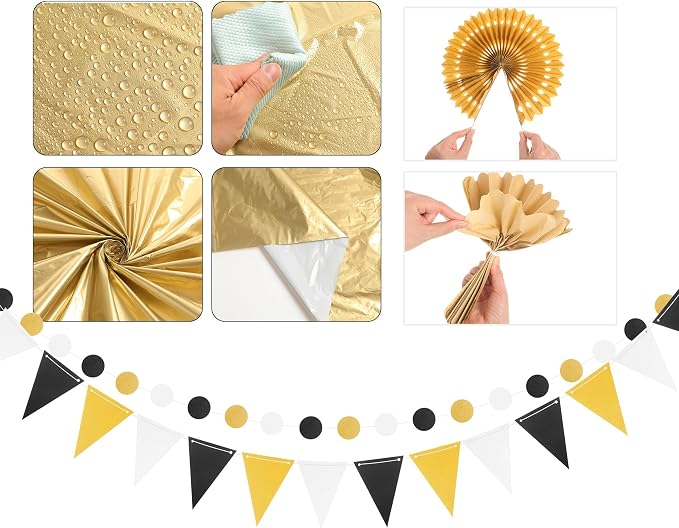 Fullhawl 27 Pcs Graduation Party Decoration, 6 Pcs Disposable Tablecloth 21 Pack Hanging Paper Fans, Pom Poms Flowers, Garland String Polka Dot and Triangle Flag Set for Birthday, Baby Shower, Wedding