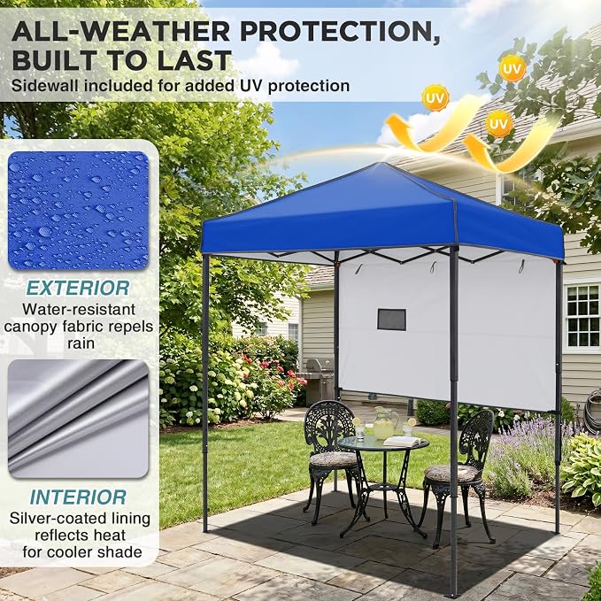 EAGLE PEAK 6x4 Instant Pop Up Canopy Tent with 1 Half Wall Panel, Straight Leg Sun Shelter, Portable Canopy with Carry Bag for Camping, Beach & Sports, Blue