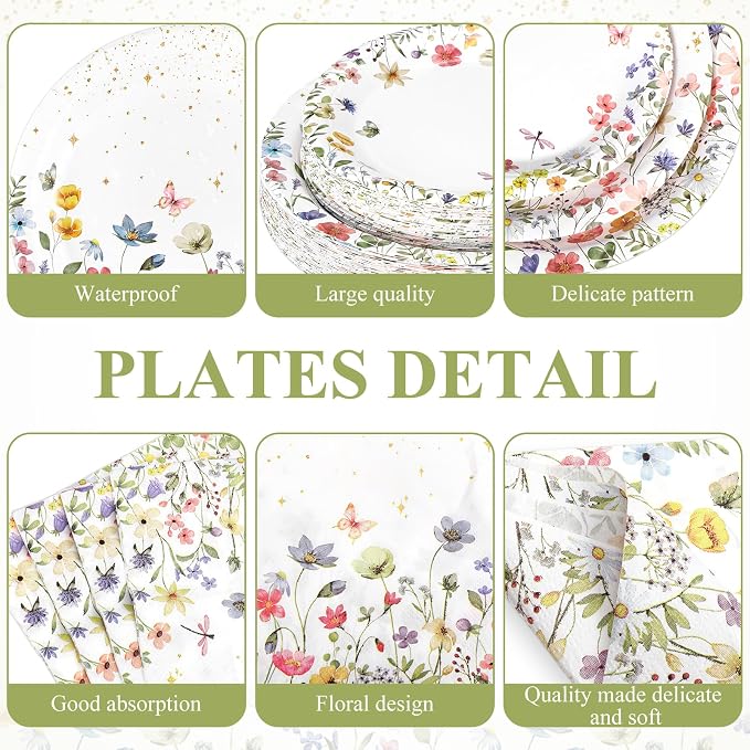 Ziliny 250 Pcs Wildflower Party Decorations Include Spring Summer Floral Paper Plates Napkins and Cups for Wildflower Baby Shower Tea Decorations, Serve 50 Guest (Colorful,Floral Style)
