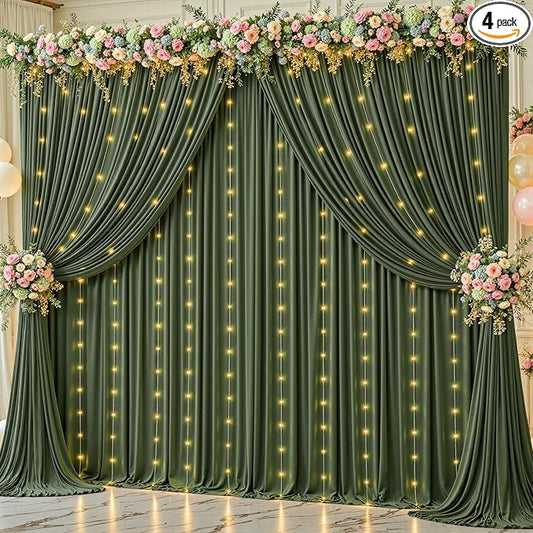 20 x 10ft Hunter Green Backdrop Curtains with Lights String Polyester Photo Backdrop Drapes Wrinkle Free Dark Green Long Curtain for Birthday Party Wedding Reception Baby Shower Ceremony-10 x 5ft x 4P
