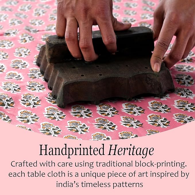 CPC Tablecloth 100% Cotton 72x140 Inch Indian Block Print Rectangle Table Cover, Washable Table Cloth for Weddings, Spring/Summer, Barbeque - Poppy Pink