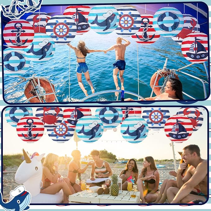 Panelee 12 Pcs Nautical Birthday Party Decorations Anchor Sailor Boat Cruise Ship Theme 8 Inches Hanging Paper Lanterns 8 Inches Round Lanterns for Holiday Navy Baby Shower Party Decor Supplies