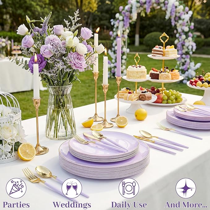 DaYammi 150Pcs Purple Plastic Plates with Gold Rim,Disposable Plastic Plates Include 30 Dinner Plate,30 Salad Plate,30 Forks,30 Spoons,30 Knive,Purple Disposable Platos for Party Wedding Mother's Day