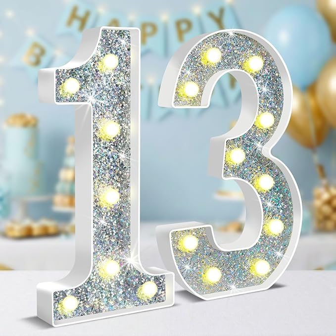 12.6 Inch LED Silver Marquee Light Up Numbers, 13th Birthday Decorations Number Lights as Gifts for Girls Boys, Glitter Lighted Marquee Numbers for Silver Anniversary Party Table Decor, 13
