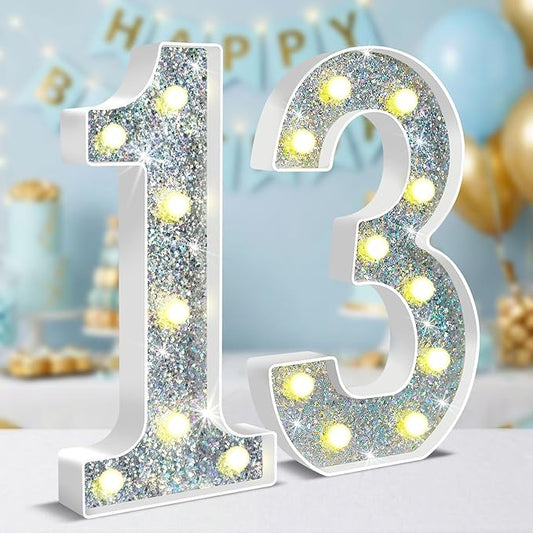 12.6 Inch LED Silver Marquee Light Up Numbers, 13th Birthday Decorations Number Lights as Gifts for Girls Boys, Glitter Lighted Marquee Numbers for Silver Anniversary Party Table Decor, 13