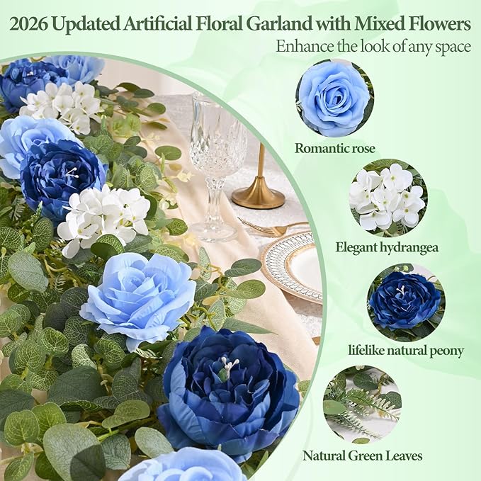 Livole 2Pcs 12 Ft Artificial Flower Garland Fake Blue Rose Peony Floral Garland with Eucalyptus Flower Hanging Vine for Wedding Arch Table Centerpieces Backdrop Party Home Decorations