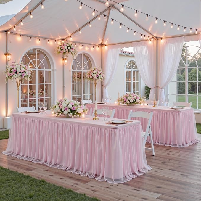 familus Pink Table Cloths 8 Foot Rectangle 2 Pack Stretch Ruffle Tulle Tablecloth Spandex Fitted Table Cover for 8 Foot Tulle Table Skirts for Party Wedding Table Cloths, Banquets