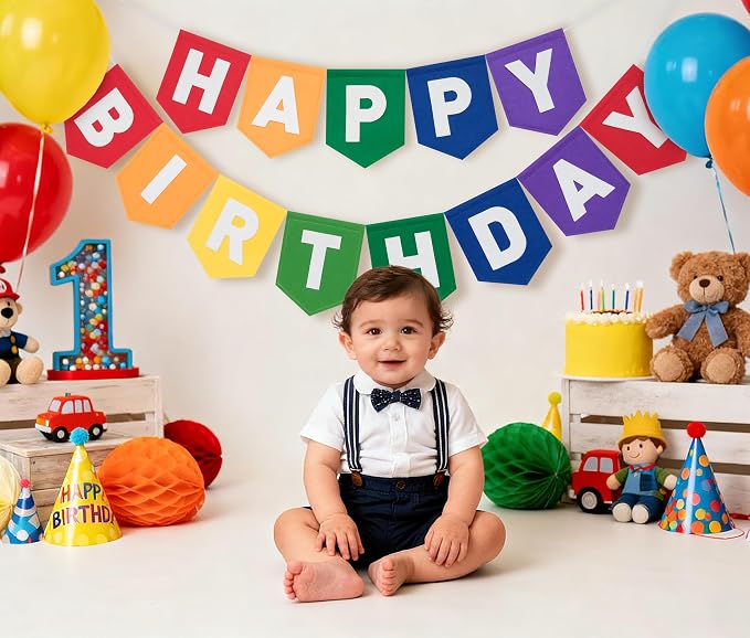 Felt Red Orange Yellow Green Blue Purple Happy Birthday Banner Birthday Decorations for Women Girls Boys Men Pets Handmade Party Backdrop