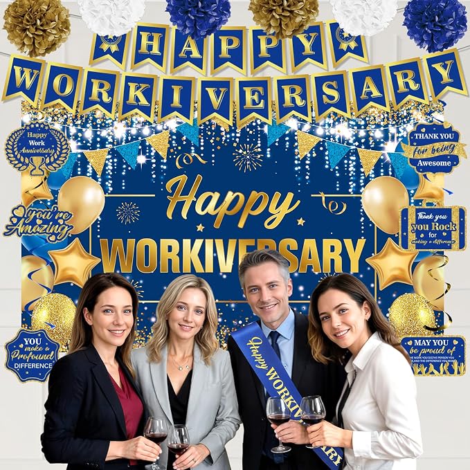 Happy Work Anniversary Decorations Blue Gold Happy Workiversary Banner Honeycomb Centerpieces Hanging Swirls Tissue Paper Pompoms Sash for Men Office Employee Worker Anniversary Appreciation Supplies