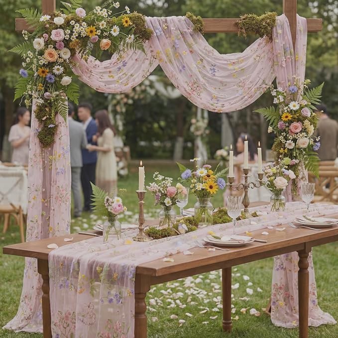 Pink Floral Table Runner 10ft Embroidery Tulle Spring Wildflower Table Runner Seasonal Summer Butterfly Kitchen Dining Gauze Decoration for Wedding Baby Shower Birthday Party (3 Pcs)