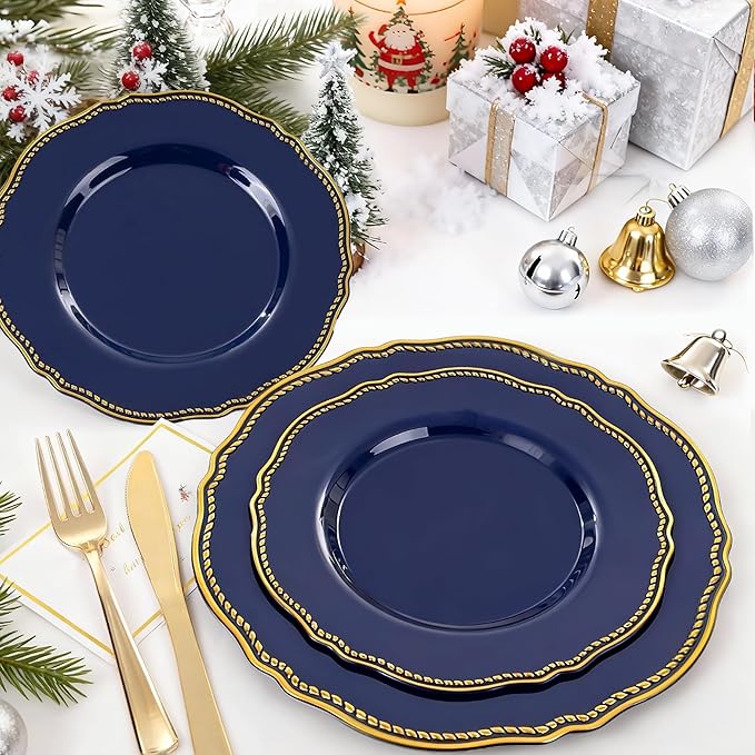 Hioasis 175pcs Blue Gold Plastic Plates - Gold Plastic Dinnerware Set Includes 25 Dinner Plates, 25 Dessert Dinnerware, 25 Cups, 25 Napkins Perfect for Wedding & Party