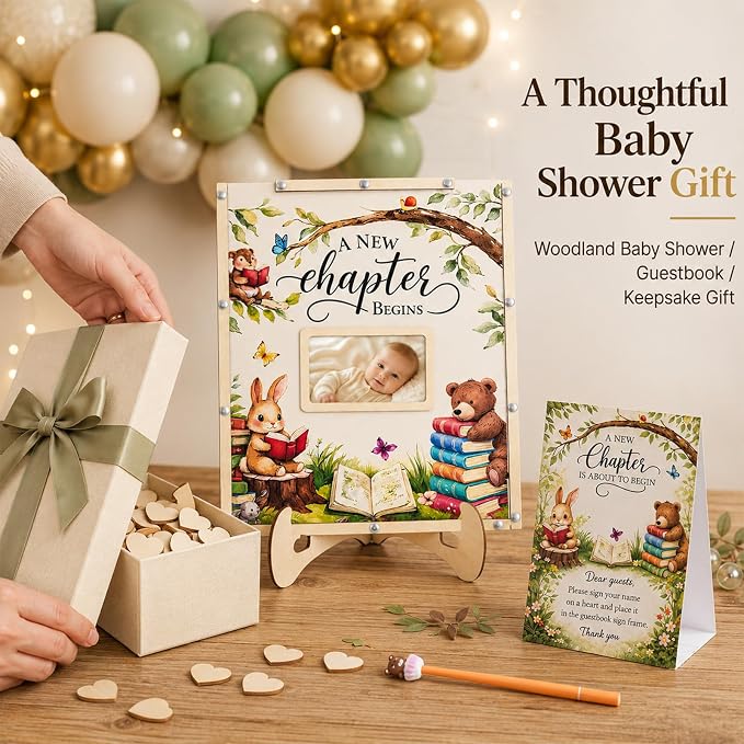 A New Chapter Begins Baby Shower Decorations,Storybook Baby Shower Guest Book Alternatives with Pen,Photo Frame and 60 Heart Wood Slices for 60 Guests,Book Themed Party Decoration