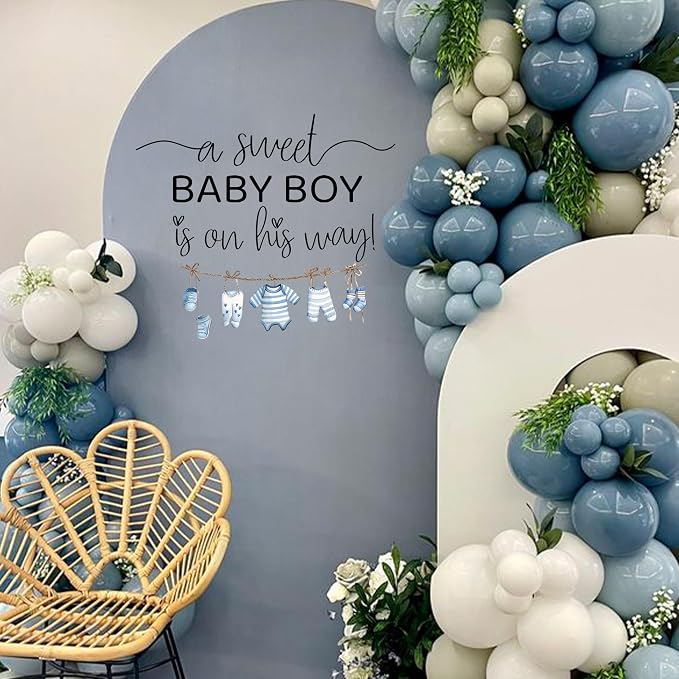 A Sweet Baby Boy is On His Way Decal - Baby Boy Gender Reveal Wall Decal, Nursery Shower Party Decoration, Blue Clothesline Design (Blue)