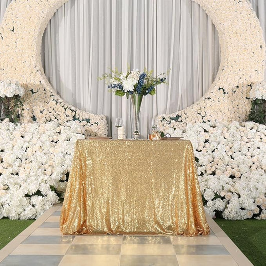 PartyDelight Sequin Tablecloth Light Gold Sparkly Table Cloth 48"x 72" Wedding Sweetheart Rectangular
