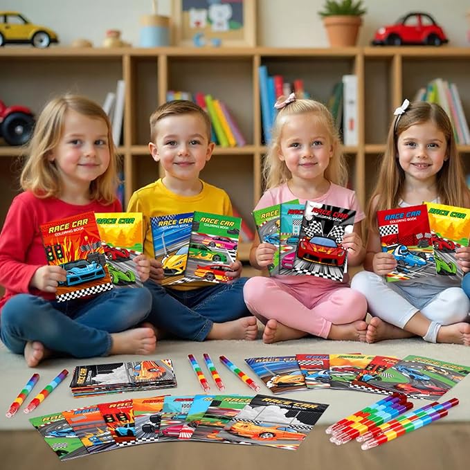 BenLouis 24 Race Car Mini Coloring Books Kids with 24 Stacking Crayons Racing Theme Party Favors Activity Books Bulk for Kids Fast Racecar Wheel Birthday Goodie Bag Gift Stuffer Classroom Reward