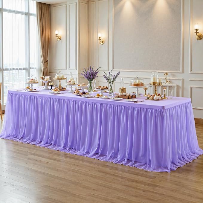 2-in-1 Lavender Tulle Tablecloth with Skirt, 8 Foot Rectangle | Stretch Fitted Table Cover, Ruffle Tutu Design, For Wedding Reception Birthday Baby Shower, Celebration Banquet