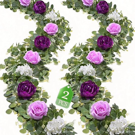Livole 2Pcs 6 FT Artificial Flower Garland Fake Purple Rose Peony Floral Garland with Eucalyptus Flower Hanging Vine for Wedding Arch Table Centerpieces Backdrop Party Home Decorations