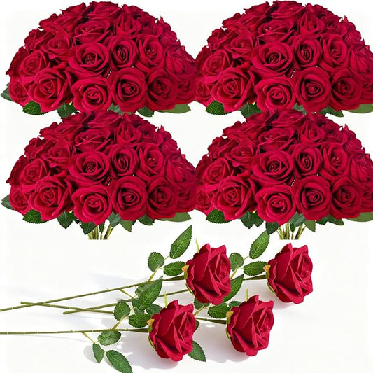 100Pcs Red Roses Artificial Flowers with Stems，Fake Roses Bouquet Fake Flowers Bulk，Silk Velvet Roses for Wedding Centerpieces Arrangement Baby Shower Birthday Home Decor Gifts