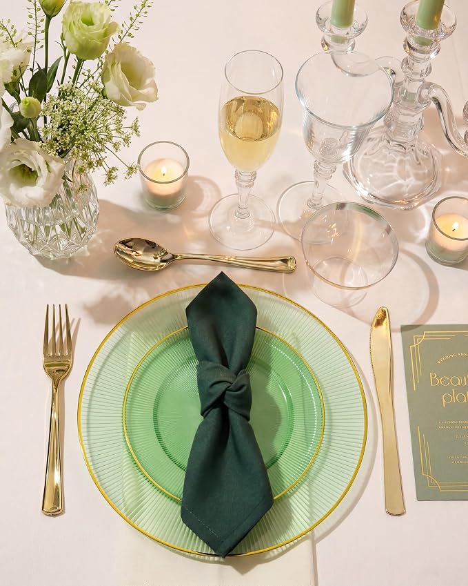 Hioasis 60pcs Green and Gold Plastic Plates - Green Disposable Dinnerware Set, 30pcs Dinner 10in & 30pcs Dessert 7in Plates with Striped Designs for Party & Wedding