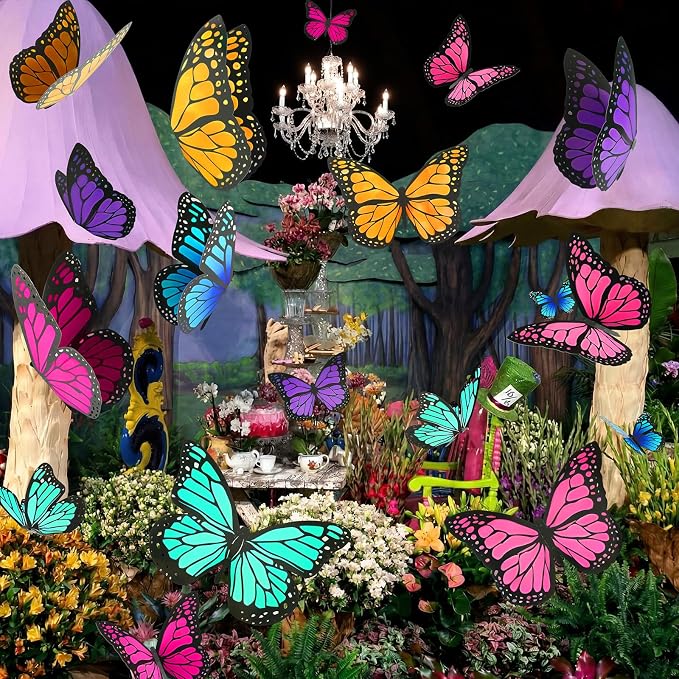 18 Pcs Large Butterfly Party Decorations 3D Paper Butterfly Hanging Decor 2 Sizes Bright Color Paper Butterflies Birthday Party Supplies for Wedding Spring Baby Shower Room Ceiling Decor