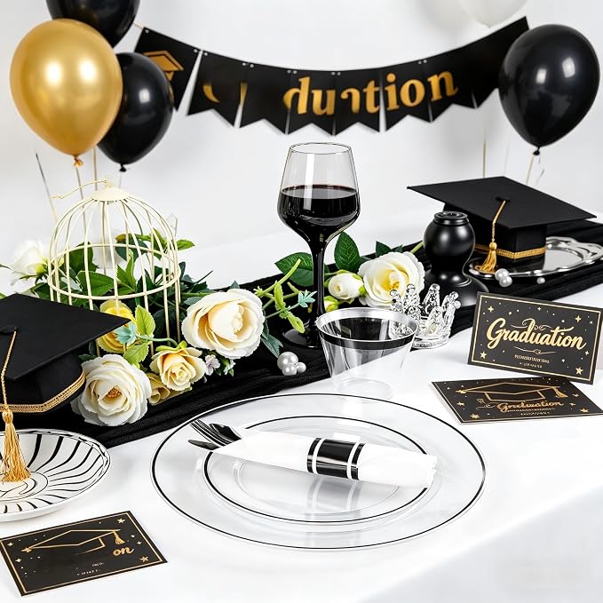 SUT 175 Pcs Black and Clear Plastic Dinnerware Set for 25 Guests, Include: 25 Dinner Plates, 25 Dessert Plates, 25 Pre Rolled Napkins With Silverware, 25 Cups, Disposable Plates for Party
