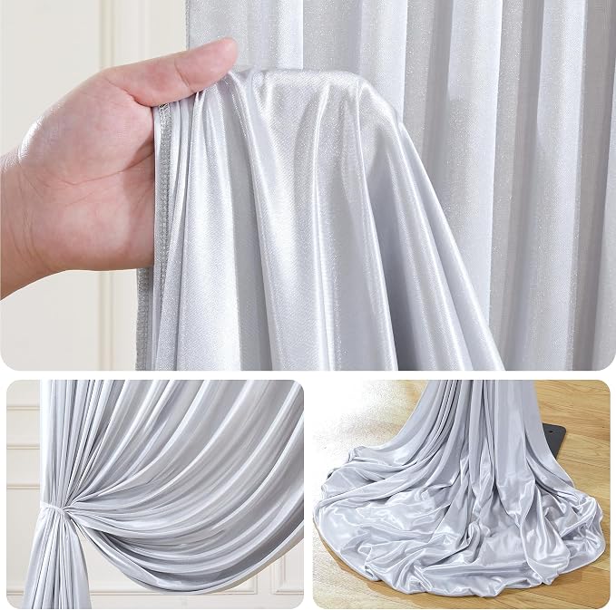 10x10ft Silver Glitter Backdrop Curtain for Parties, Wrinkle Free Satin Photo Backdrop Drapes 2 Panels 5x10FT Shimmer Back Drop Cloth for Wedding Birthday New Year Stage Photography Background Decor