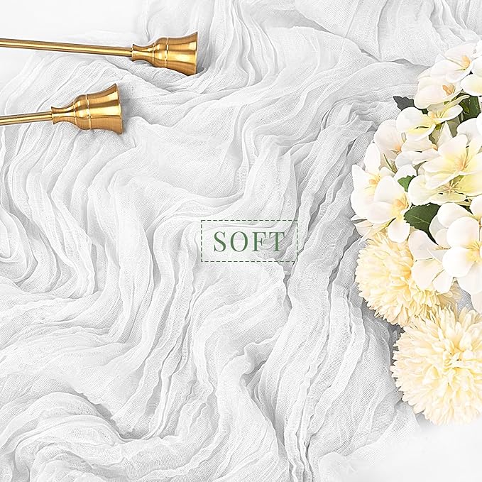 White Cheesecloth Table Runner 10FT Runner for Tables Gauze Fabric Boho Cheese Cloth Table Runner Decoration Rustic Semi Sheer Runner for Wedding Birthday Holiday Bridal Shower Party (White)