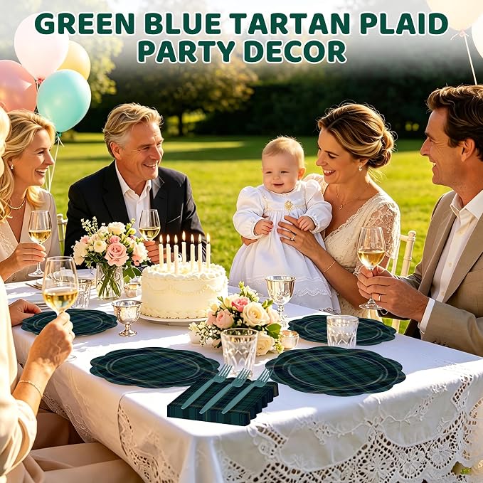 96 Pcs Tartan Plaid Baby Shower Plates and Napkins Set, Blue Green Baby Shower Party Supplies for 24 Guests include Disposable Green Tartan Scalloped Plates, Napkins and Forks for Baby Shower Wedding