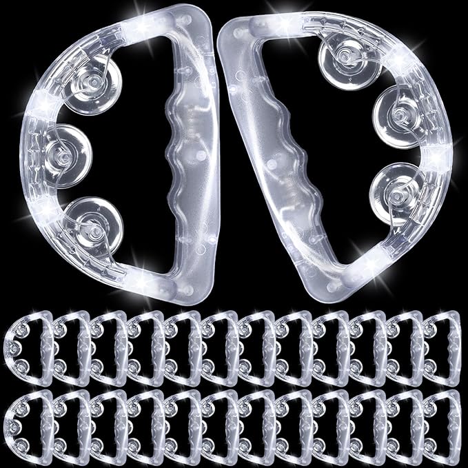 Yunsailing 24 Pack LED Light up Tambourines Musical Flashing Tambourine Toys Handheld Percussion Instrument Glow in The Dark Party Supplies for Teenagers Adults Wedding Party Favors (White)