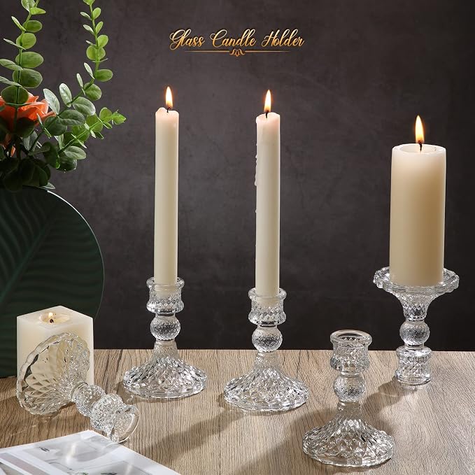 Sieral 24 Pcs Clear Taper Candle Holders 4'' Tall Glass Candlestick Holders Bulk Crystal Decorative Stand Wedding Stick Holder for Anniversary Party Dining Table Festival Decor