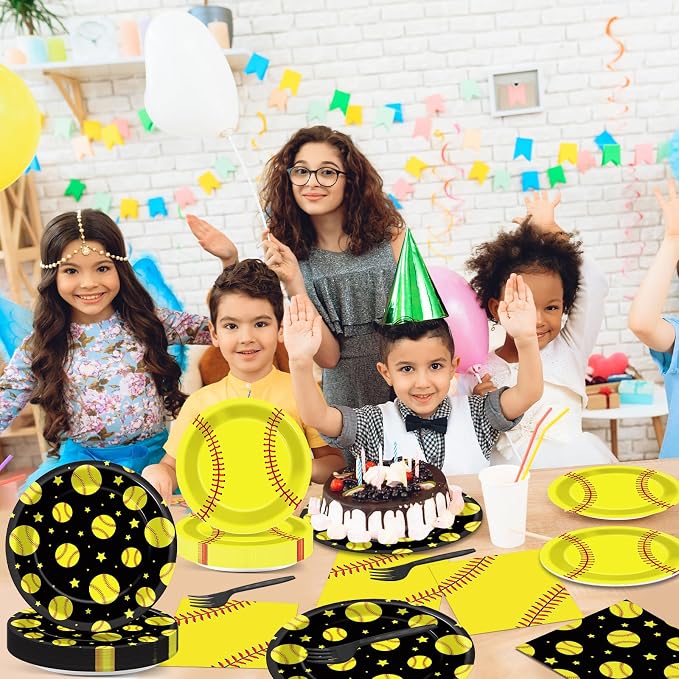 96Pcs Softball Birthday Party Decorations Paper Plates and Napkins Sets Sports Theme Dessert Disposable Tableware Black Yellow Softball Plates Supplies Team Sport Party Gifts Favors for 24 Guests