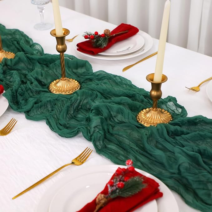 Snowkingdom 6 PCS Emerald Green Table Runner 120 Inch 10 Ft Rustic Boho Dark Green Cheese Cloth Runner for Wedding Bridal Baby Shower Birthday Party Christmas Sheer Gauze Home Table Centerpiece Deocr