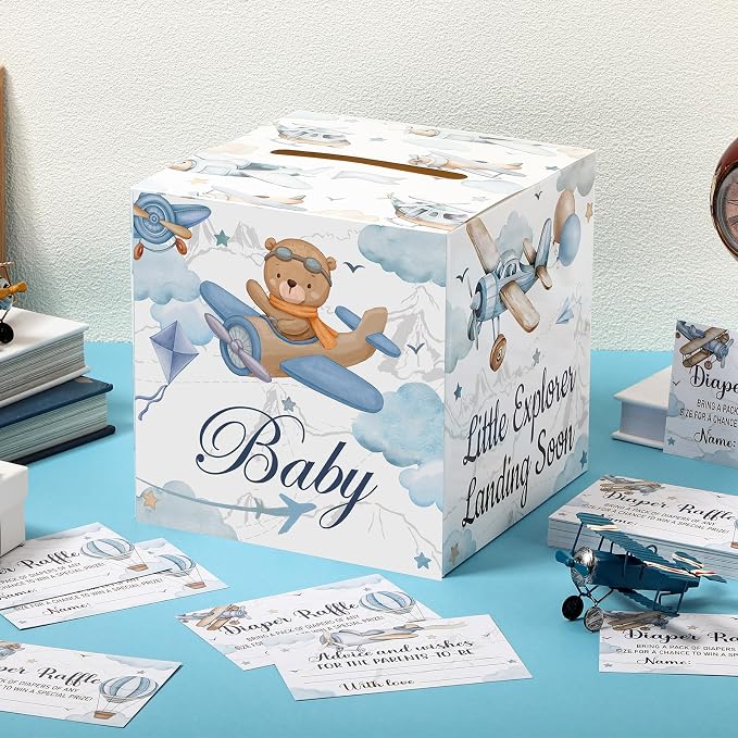 Teling 51 Pieces Diaper Raffle Tickets with Card Box Baby Shower Decorations Baby Shower Holder Box for Girl Boy Diaper Raffle Party(Airplane Style)