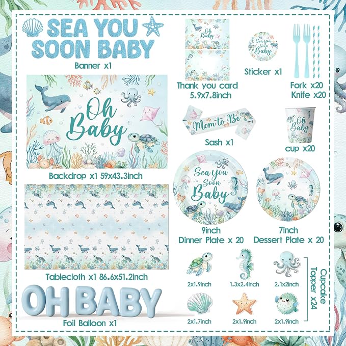 Sea You Soon Baby Shower Decorations, Under The Sea Party Decorations with Oh Baby Backdrop Banner Plates Napkins Ocean Tablecloth Balloon Arch Box for 1st Boy Birthday Party