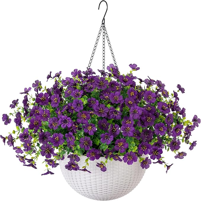 HyeFlora Artificial Faux Hanging Flowers Plants Basket for Outdoor Outside Decoration, Fake Silk Colorful Daisy in Planter for Porch Patio Garden Yard Home