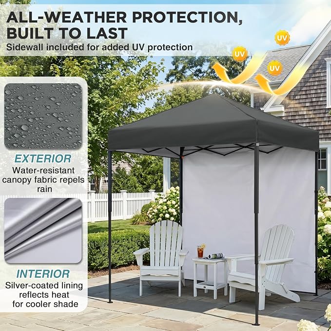 EAGLE PEAK 6x4 Instant Pop Up Canopy Tent with 1 Side Wall Panel, Straight Leg Sun Shelter, Portable Canopy with Carry Bag for Camping, Beach & Sports, Dark Gray