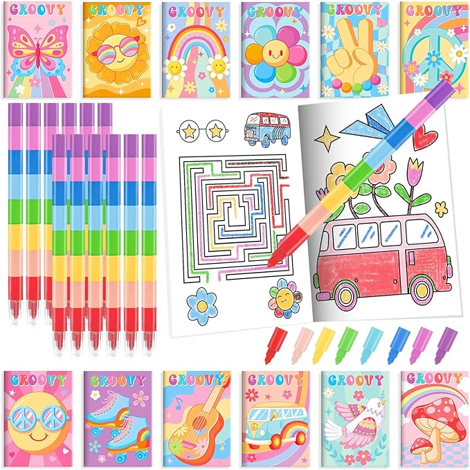 BenLouis 24 Hippie Boho Mini Coloring Books Kids with 24 Stacking Crayons Retro Daisy Party Favors Activity Books Bulk for Kids Two Groovy Goodie Bag Gift Stuffer Classroom Reward
