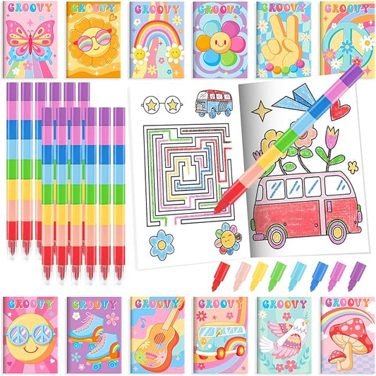 BenLouis 24 Hippie Boho Mini Coloring Books Kids with 24 Stacking Crayons Retro Daisy Party Favors Activity Books Bulk for Kids Two Groovy Goodie Bag Gift Stuffer Classroom Reward