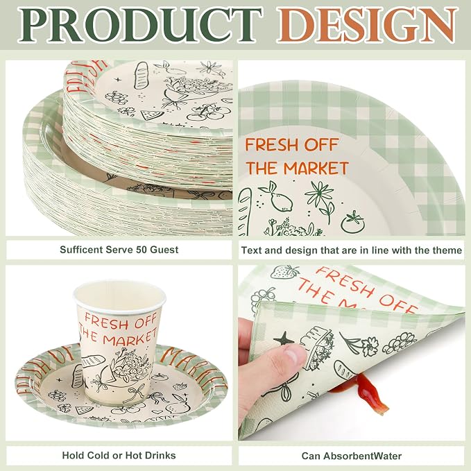 FoldTier 350 Pcs Fresh off the Market Bridal Shower Party Tableware - Paper Plate, Napkin, Cup, Cutlery, Disposable Fresh off the Market Party Decorations for Family and Friends, 50 Guests
