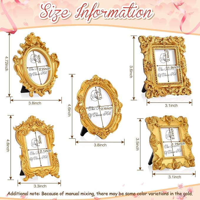 Maitys 15 Pcs Mini Picture Vintage Frames with Stands Tiny Antique Photo Baroque Ornate Resin Oval Frame Table Top Display Home Wedding Decor (Gold)