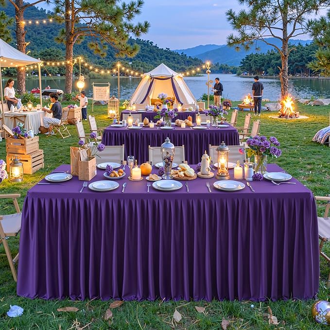 Purple Polyester Table Cloths for Rectangle 6 Foot Tables, 1 Pack Wrinkle Free Tablecloths Stretchy Banquet Ruffle Fitted Table Cover Desk Skirt for Parties Wedding Birthday Baby Shower