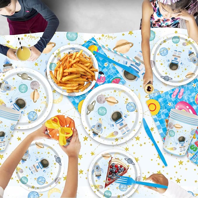 141Pcs Blue Outer Space Party Supplies for Baby Shower Birthday Party Decorations Moon Star Outer Space Planet Theme Plates and Napkins Forks Cups Straws Tablecloch Serves 20 Guests