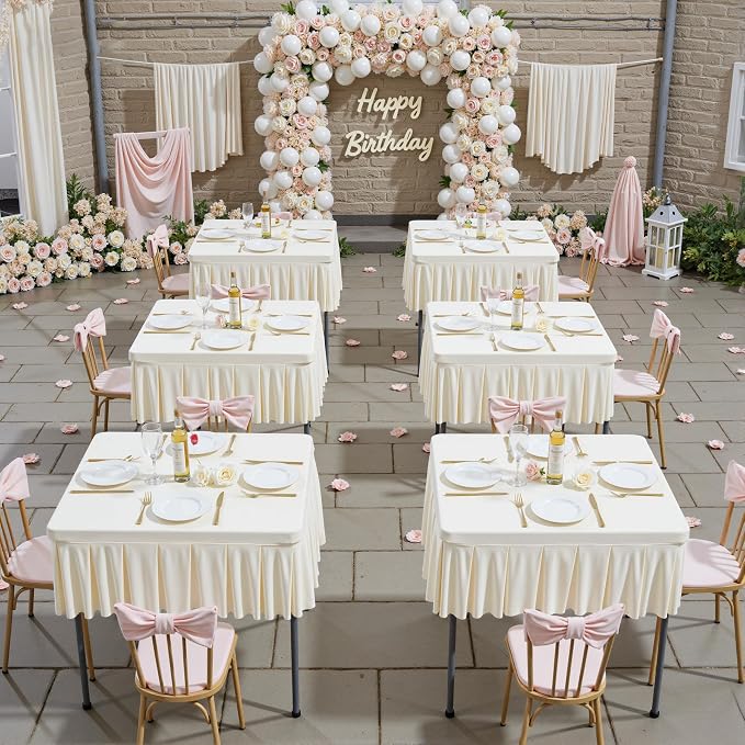 Shillance 34x34 Inch Ivory Spandex Square Tablecloth,Wrinkle Free Ivory Fitted Table Cloth for Square Tables,Washable Pleated Table Cover for Wedding Birthday Cocktail Party Buffet Dinner Camping