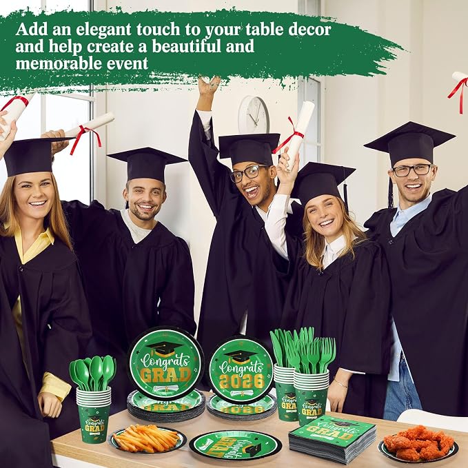 Funnymoom 400 Pcs Graduation Party Supplies Class of 2026 Graduation Paper Plate Napkin Cup Cutlery Congrats Grad Disposable Tableware Set for Grad Party Decorations, Serve 50(Green)